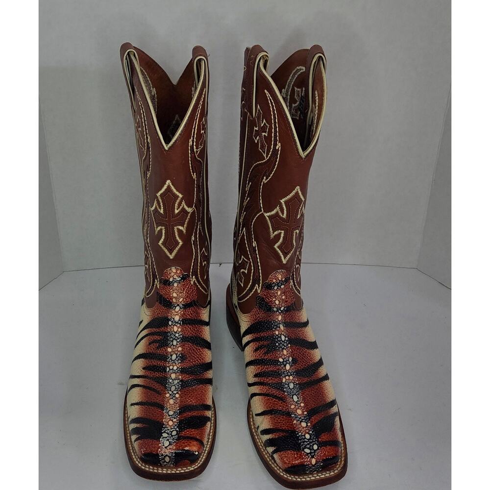 Nocona Cowboy Boots Womens 8.5 Exotic Print Tiger Square Toe Western Leather